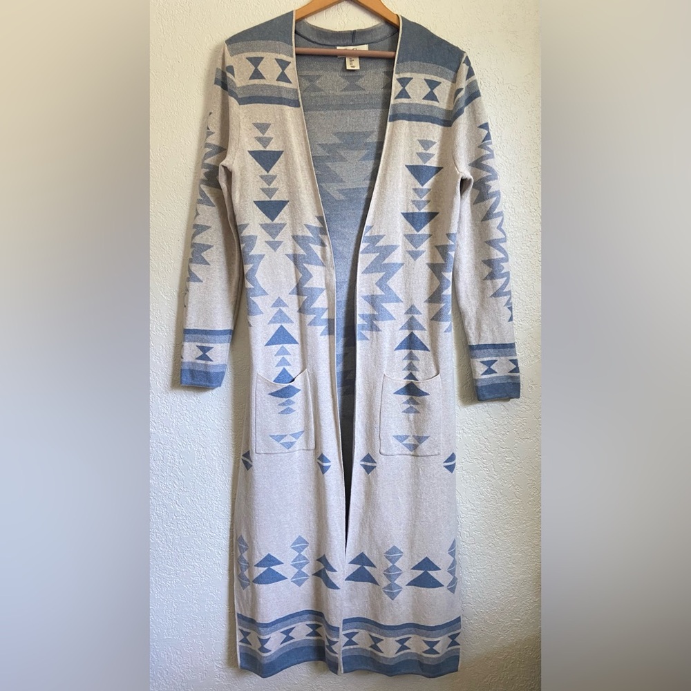 Jessica Simpson Blue Aztec Geometric Longline Duster Cardigan - Picture 5 of 14